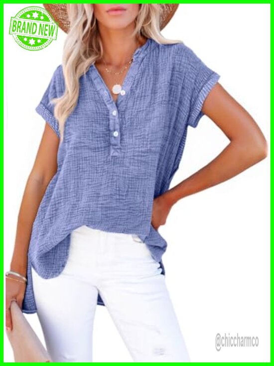 Tops - Women's Boho Button Down Blouse Cotton Short Sleeve V-Neck Loose Fit Top